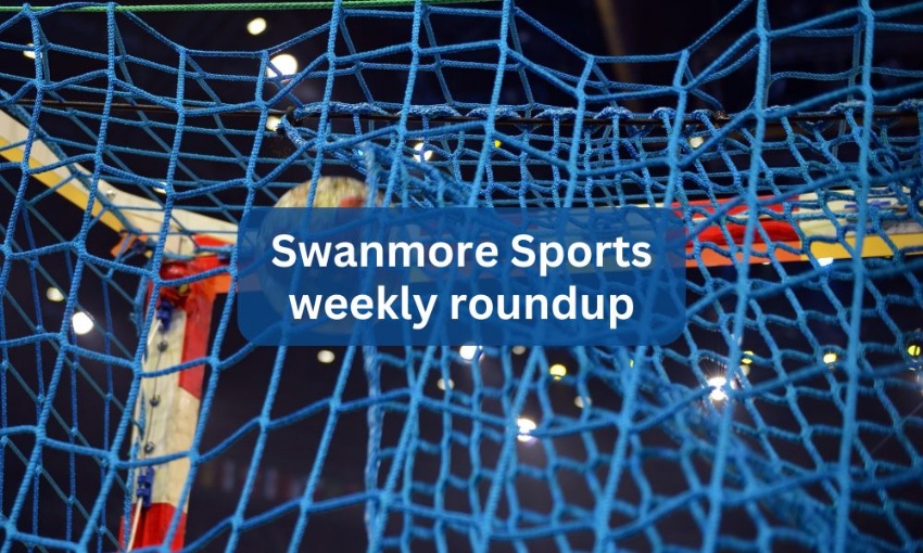 Image shows a handball landing in the net of the goal from behind the goal, with the text Swanmore Sports weekly roundup.